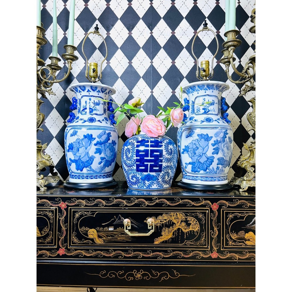 Chinoiserie Blue White Porcelain Lamp Pair Foo Dog Handles 26in - Picture 4 of 17